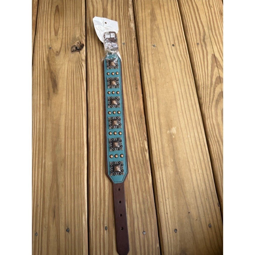 Brown Leather And Turquoise Studded Dog Collar Western Western 21.5" Long